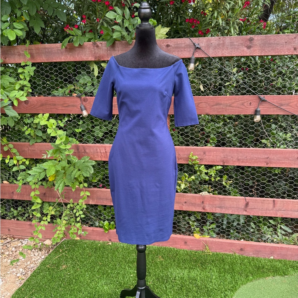 Just Me Blue Off-Shoulder Midi Sheath Dress